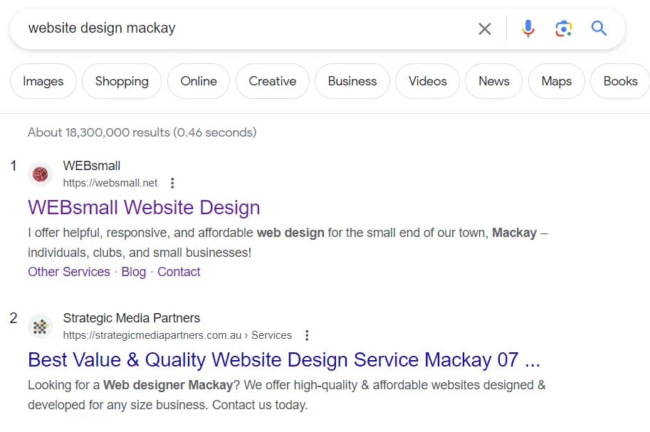 my ranking on google for website design mackay