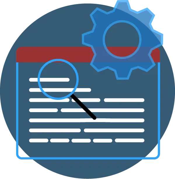 icon representing on-page optimisation with a webpage, a gear cog and a magnifying glass